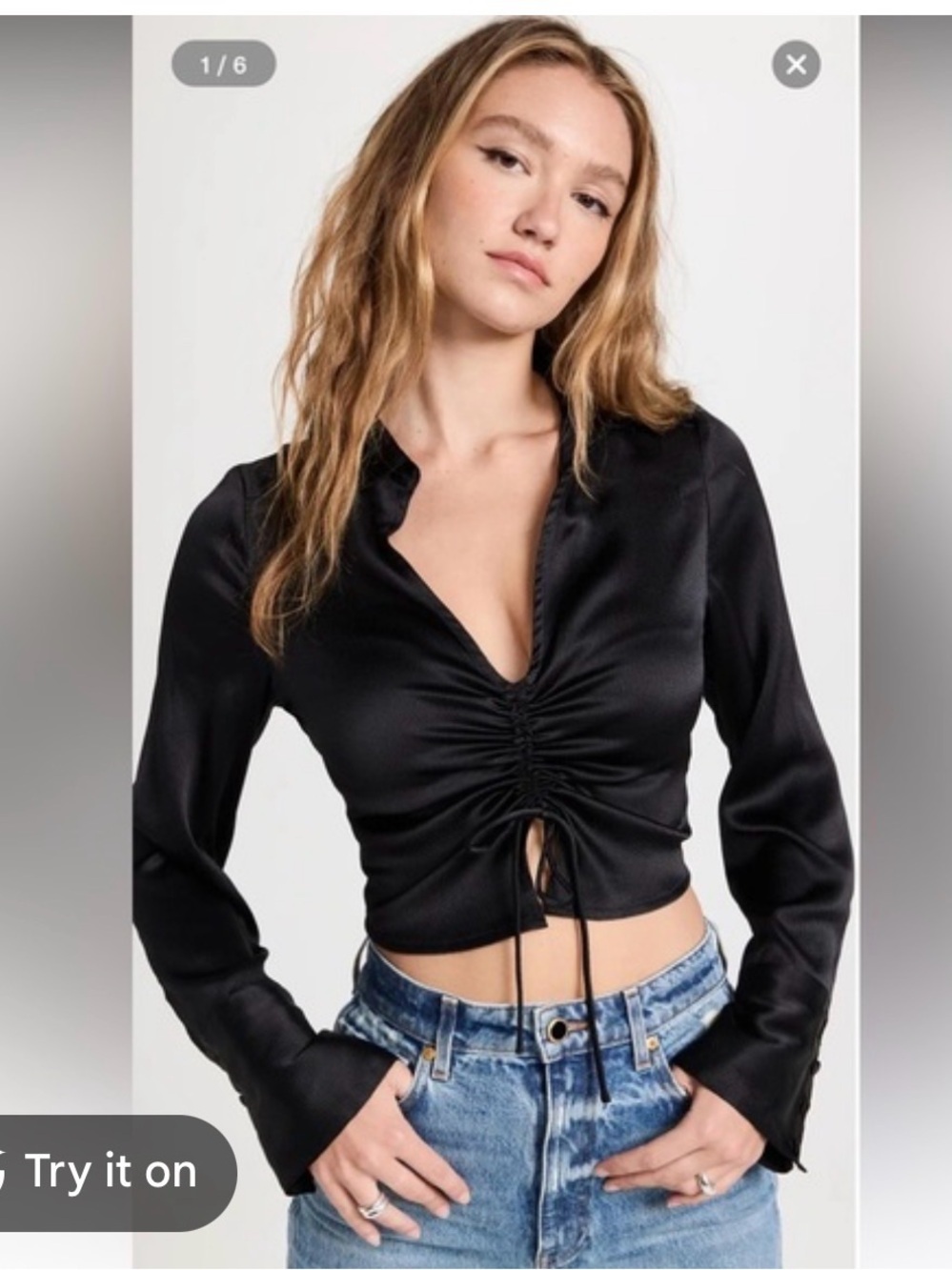 Free People Black Satin Ruched Tie Front Crop Blouse Long Sleeve S/P Y2K - Picture 1 of 8